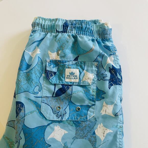 Peter Millar Swim Trunks Blue‎ White Stingrays Drawstring Pockets Size Large - Picture 2 of 8